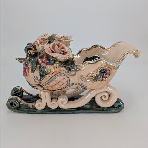 Blue Sky Heather Goldminc Rose Sleigh Candle Holder Centerpiece Floral Holiday - Picture 5 of 11